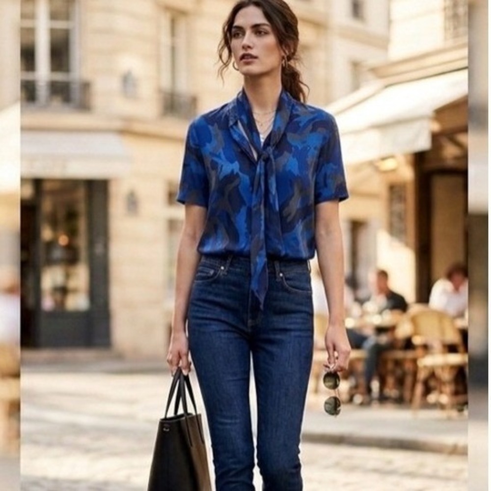 L'AGENCE Blue Splash Camo 100% Silk Tie Neck Blouse Top S Short Sleeve